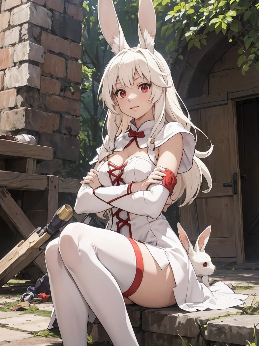 a rabbit girl smilling in the ruins, (rabbit girl)(best quality,high resolution, masterpiece:1.2), female focus, (one girl:1.5), (free hands), beautiful eyes, (white hair:1), detailed eyes, (rabbit ears), (red eyes:1.2), white cloak, happy, fleshy lips, hair ornament, leather armor, Clothes made of tanned leather, detached sleeves, wrist guard, white thighhighs, shin guards, perfect quality, good quality, masterpiece, (arms crossed1.2), Prepare-se para mergulhar em um mundo onde a beleza e o artesanato se fundem perfeitamente, anatomically correct. ultra nitidez