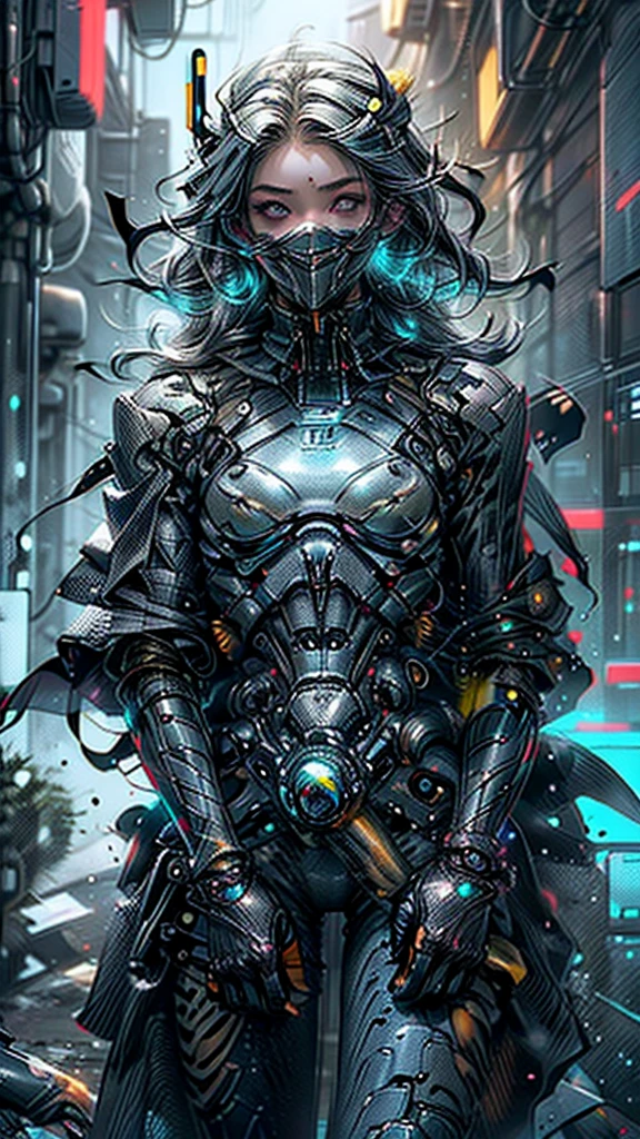 realista, obra-prima perfeita, alta qualidade, high resolution, A mais alta qualidade de imagem, 8k hd 1 garota, 
longos cabelos roxos escuros, olhos amarelos, olhos brilhantes, parted lips, corar, 
cyber suit, Saia longa mecha, vestido blindado, masks, Capacetes selvagens de cobertura total Night, flores, sol, sollight, 
fundo altamente detalhado
