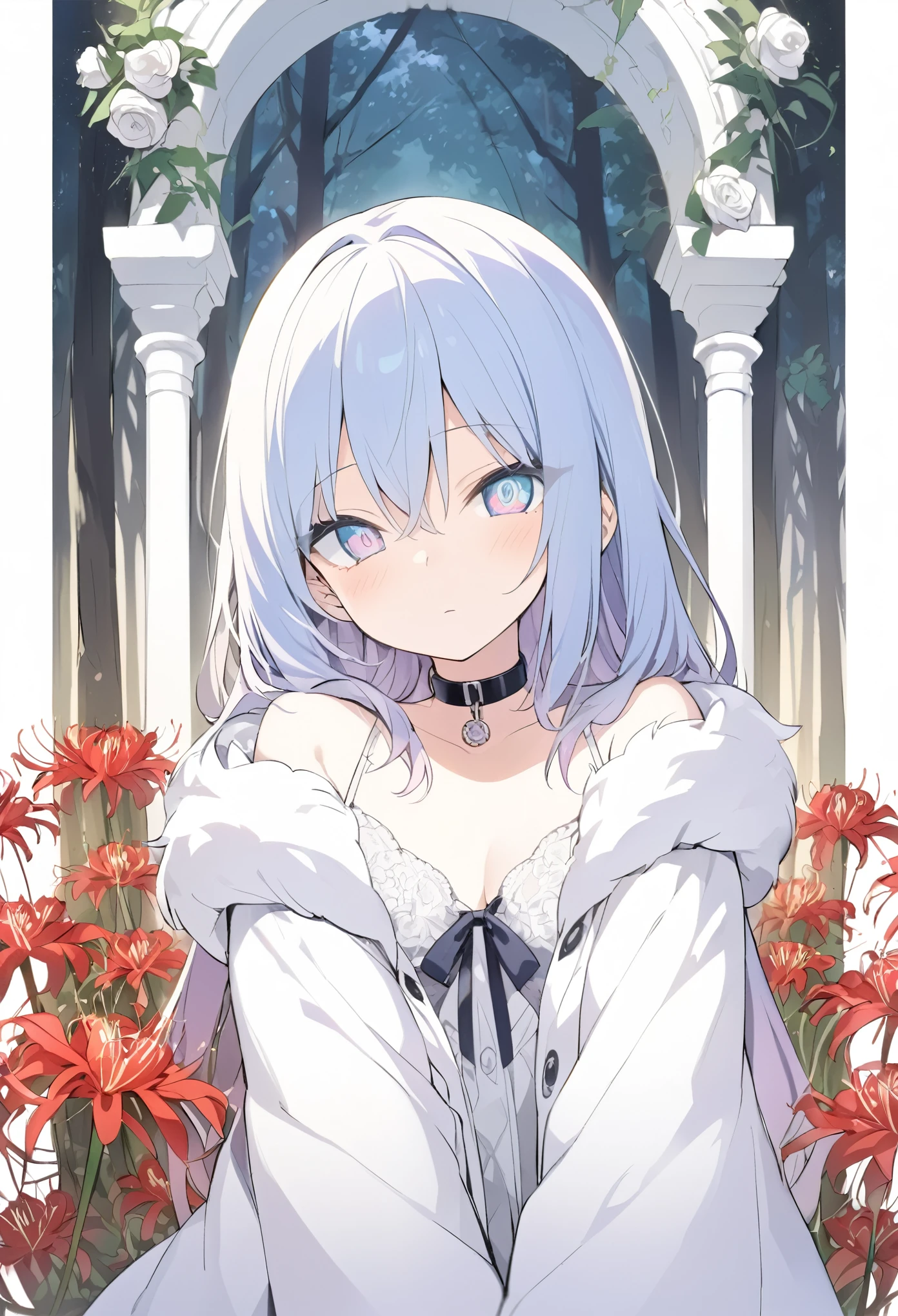 masterpiece, solo, detailed face, defined eyes, (((detailed eyes))), Female, ((anime female)), wearing silky bra that has a collar, ((mid taking off fur coat, pink eyes, ((pastel blue eyes)), background, (((forest of spider lilies))), (((arch with white roses on it in background))),