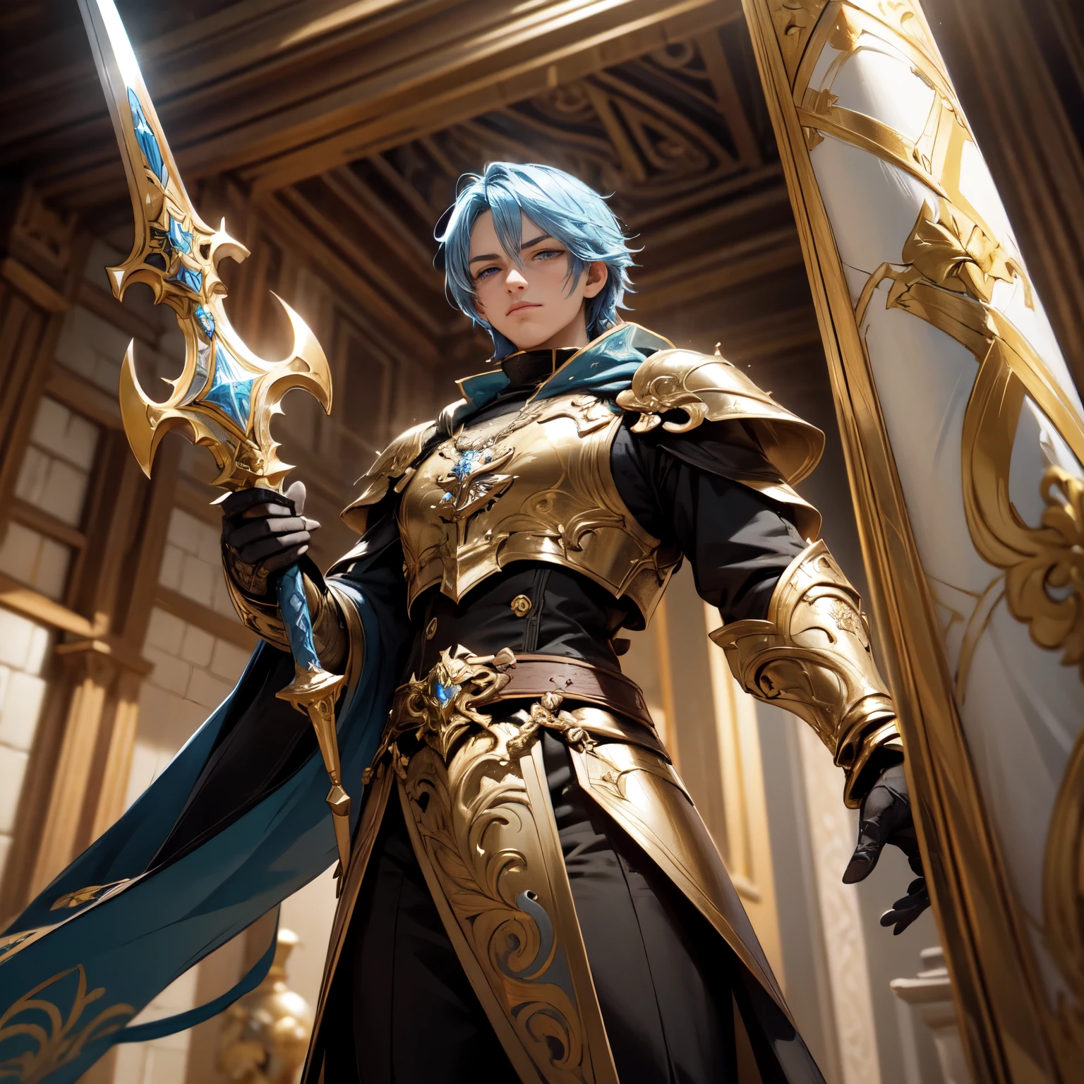 Create a detailed, cinematic image of an awe-inspiring paladin. The paladin is wearing shining golden armor, with intricate details and refined ornamentations. He wields a sword imbued with radiant light, whose luminosity spreads across the scene, iluminando os arredores. In his other hand, ele segura um escudo gigante dourado, decorated with intricate heraldic motifs and sacred symbols. Your blue eyes shine with determination and courage. The paladin is navigating a narrow, winding alley, com paredes altas de tijolos e janelas com grades de ferro. A luz da espada ilumina o beco, revealing intricate details and menacing shadows. The overall aesthetic of the image should capture the beauty and depth of the scene, reminiscentes da fotografia da Fujifilm, com ricos contrastes e cores vibrantes. A imagem deve ser renderizada em 8k para garantir uma qualidade ultra HD.