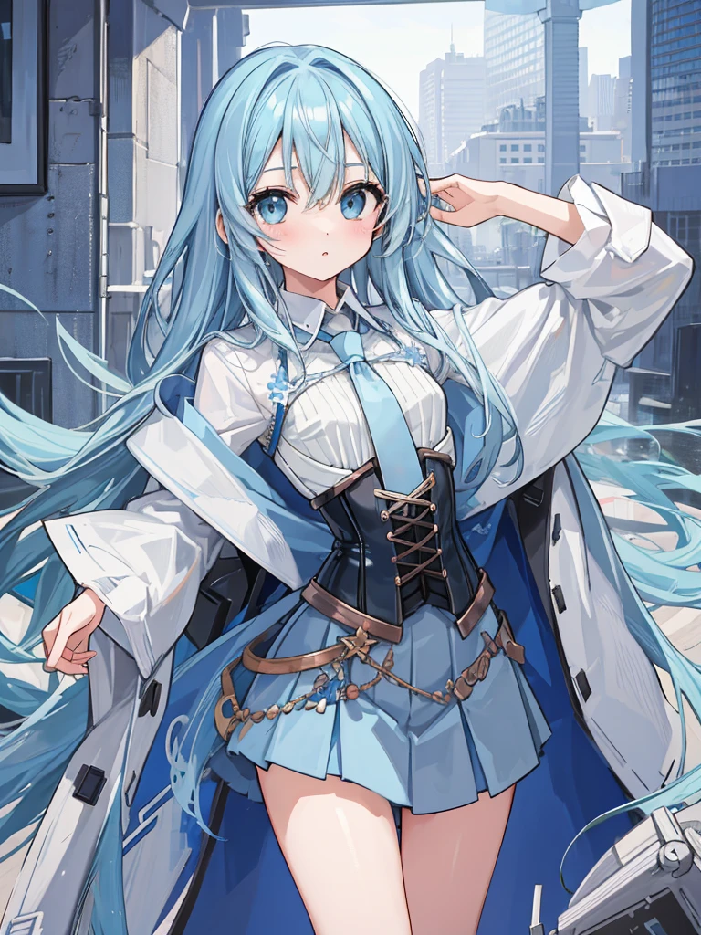 ((masterpiece, best quality, extremely detailed, absurdres)),, masterpiece, best quality, extremely detailed, (((light blue long hair))), long hair cute anime faces,detailed light,parted lips,shiny、beautiful detailed face,,longhair、(((( light blue long hair)))),,10 years old, , 1girl, solo, flat chest, blush, bangs, , flat chest,32k,(masterpiece, best quality), 1girl, Slim,  Abusive expression, Slender, view the viewer, (office shirt, office tie, corset, short skirt), in office building, (Masterpiece), (Best quality:1.2), absurderes, Intricate details, (Highly detailed skin:1.2),