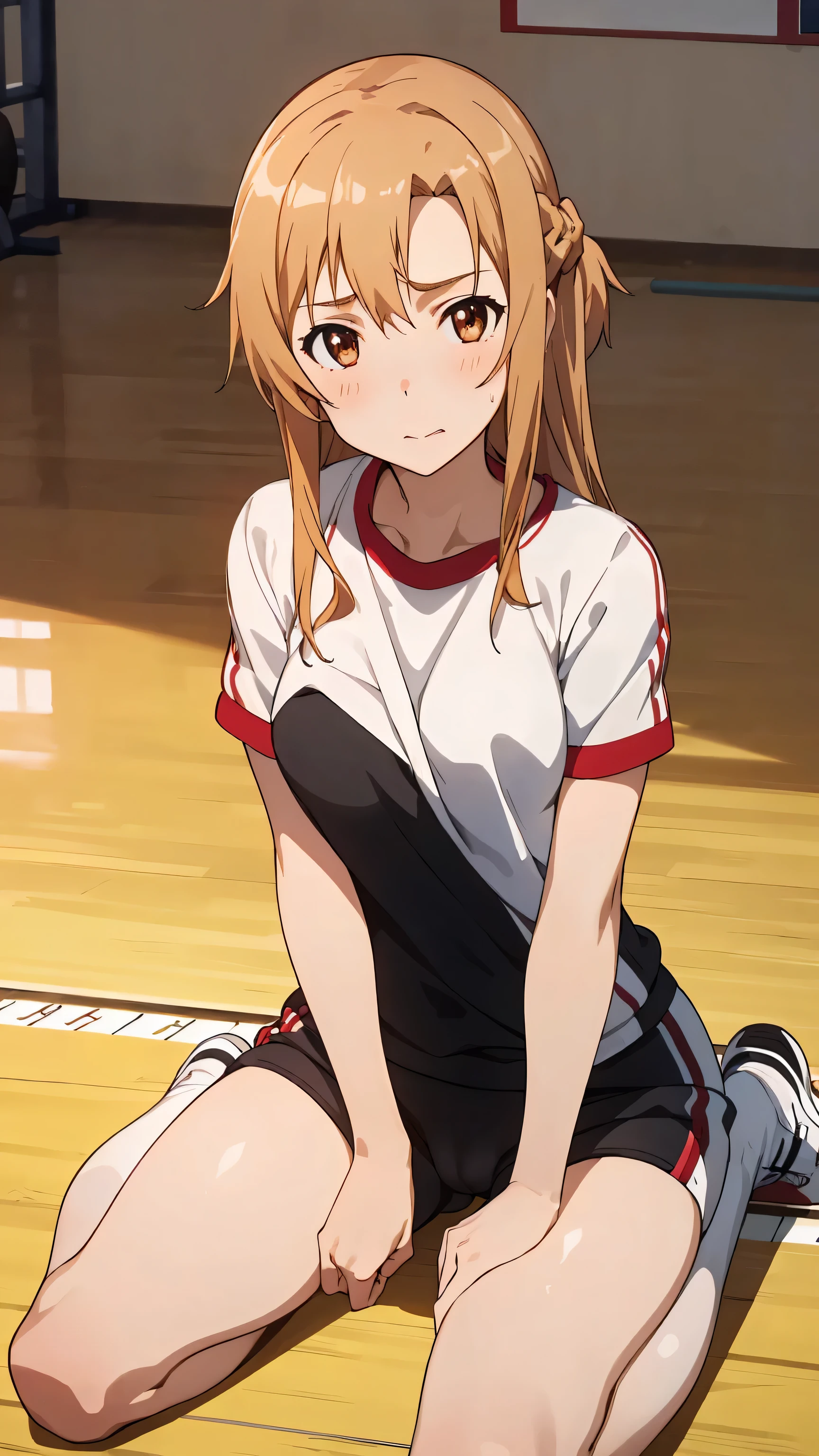 vulgarity ,NSFW,(((masturbation))),crotch grab, female masturbation,breast grab,
kneeling,sweat ,
 Asuna yuuki ,Asuna Yuuki(Sword Art Online), 
long bronze hair,Braid,brown eyes,fine eyes,roll forward,
(((black buruma, School, gym shirt, white t-shirt, Gym suit, Photo of girl in wooden floor School gym room))),Bloomers are bikini type ,
break masterpiece ,8k unity wallpaper,anime key visual,highest quality, High resolution, unity 8k wallpaper, (shape:0.8),anime coloring,highly detailed face, detailed eyes,growing eyes,shiny skin,fine skin,white skin,dense skin,detailed hair,highly detailed legs,perfect lighting, Detailed CG, (perfect hands, perfect anatomy),High resolution,(Detailed wear ),slender limbs, delicate curves, dainty hands,figure:0.8,


