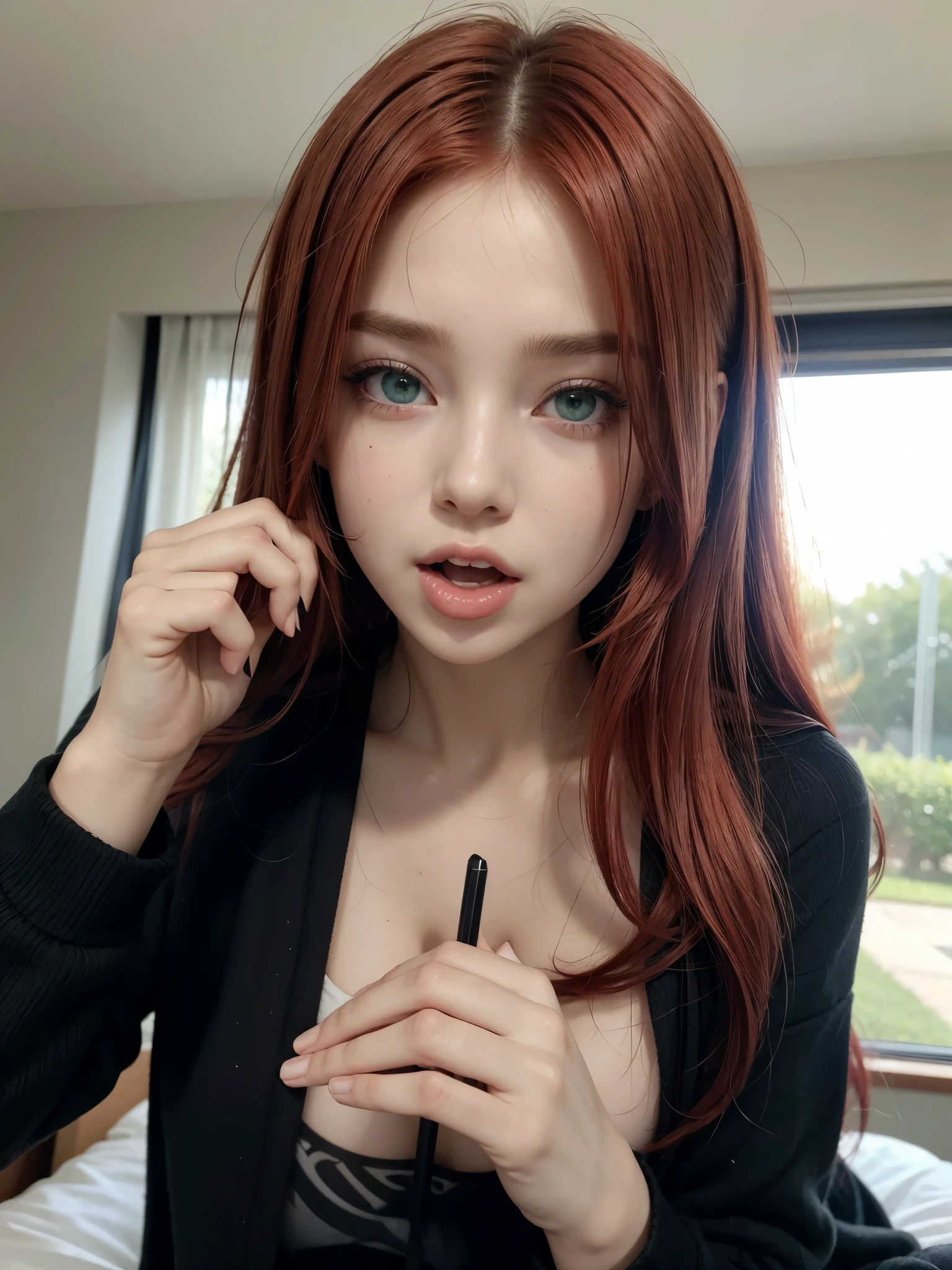 Hot girl, red hair, green eyes, black clothes, licking your own fingers