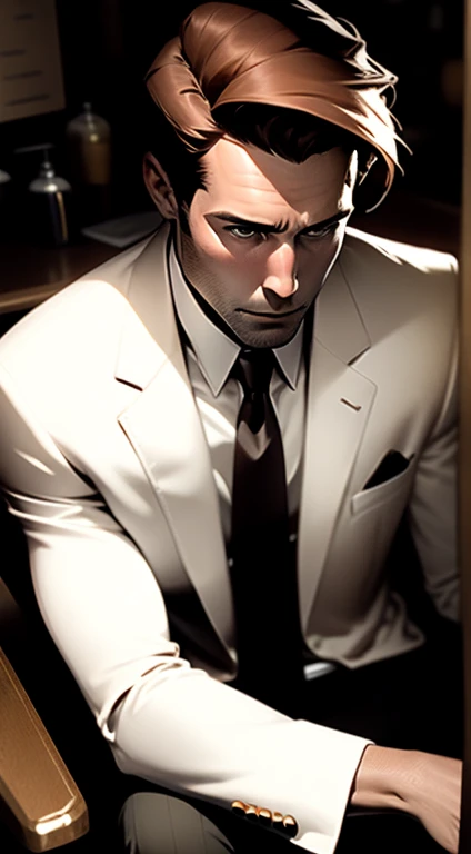 Mid 20s male detective, brown hair, detailed, toned body, simple, Noir et blanc, monochrome, looking at viewer, plain looking, white shirt and tie, dark suit, gritty, unshaven, sitting in at a bar