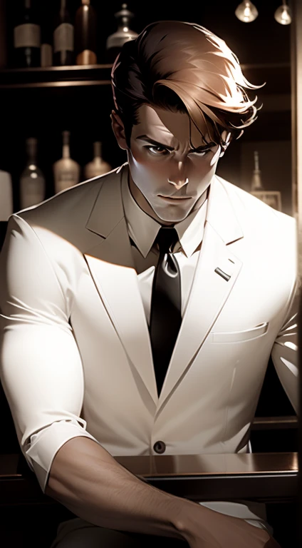  Mid 20s male detective, brown hair, detailed, toned body, simple, Noir et blanc, monochrome, looking at viewer, plain looking, white shirt and tie, dark suit, gritty, unshaven, sitting in at a bar