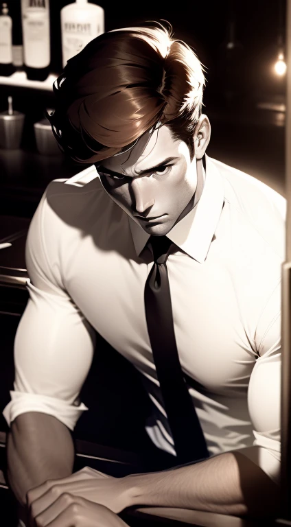 Mid 20s male detective, brown hair, detailed, toned body, simple, Noir et blanc, monochrome, looking at viewer, plain looking, white shirt and tie, dark suit, gritty, unshaven, sitting in at a bar