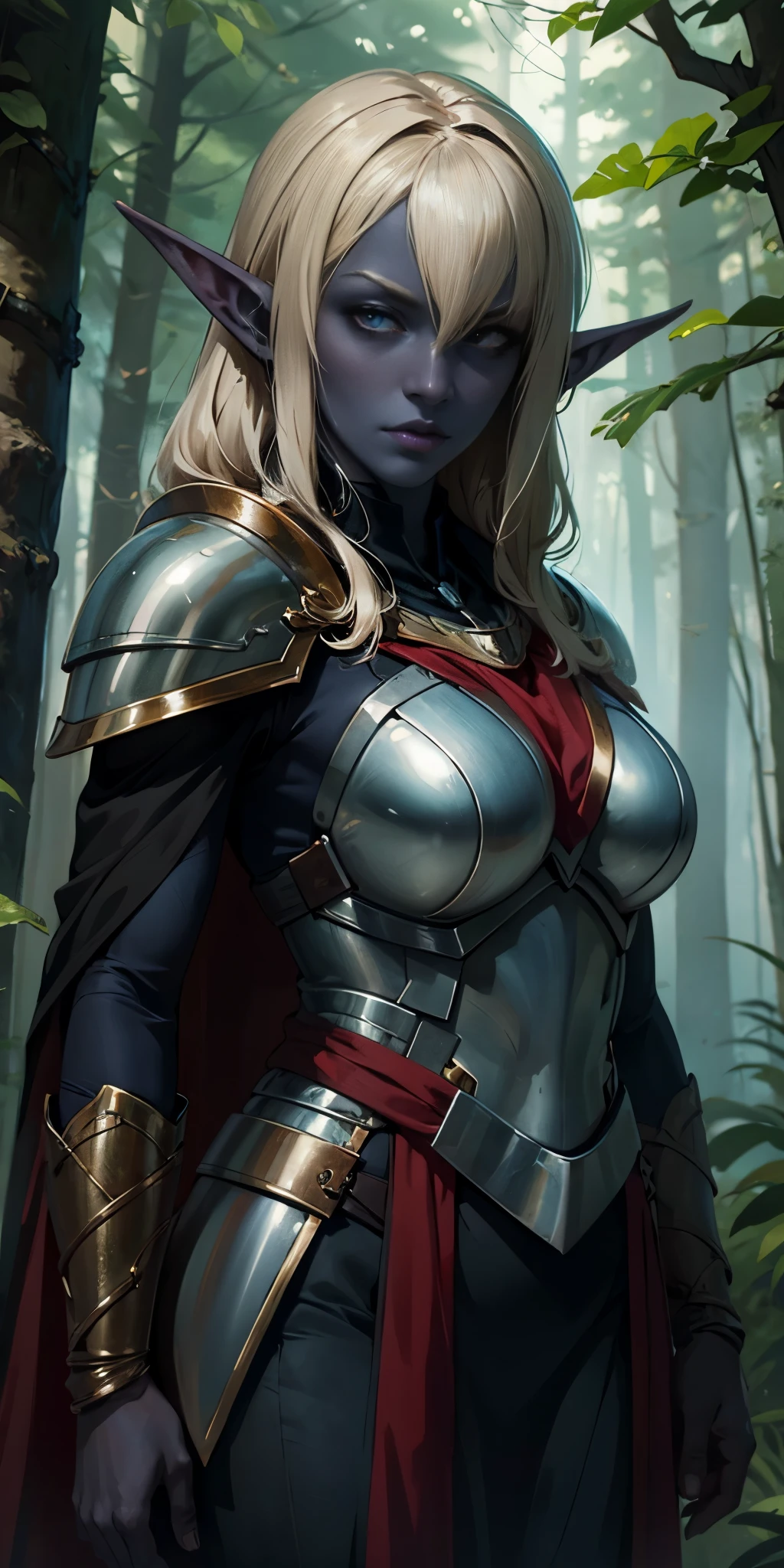 masterpiece, best quality, CG, wallpaper, HDR, high quality, high-definition, extremely detailed, drow, colored skin, dark elf, blue skin, grey skin, pointy ears, cape, armor, looking at viewer, 1girl, forest, dark forest, mythical forest, dimmed light, brown eyes, long hair, chibi