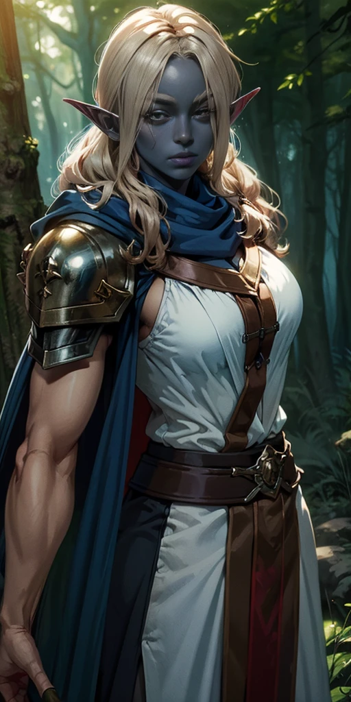 masterpiece, best quality, CG, wallpaper, HDR, high quality, high-definition, extremely detailed, drow, colored skin, dark elf, blue skin, grey skin, pointy ears, cape, armor, looking at viewer, 1girl, forest, dark forest, mythical forest, dimmed light, brown eyes, long hair, chibi