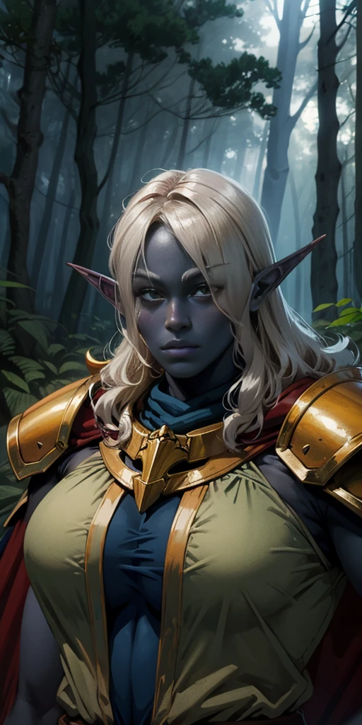 masterpiece, best quality, CG, wallpaper, HDR, high quality, high-definition, extremely detailed, drow, colored skin, dark elf, blue skin, grey skin, pointy ears, cape, armor, looking at viewer, 1girl, forest, dark forest, mythical forest, dimmed light, brown eyes, long hair, chibi