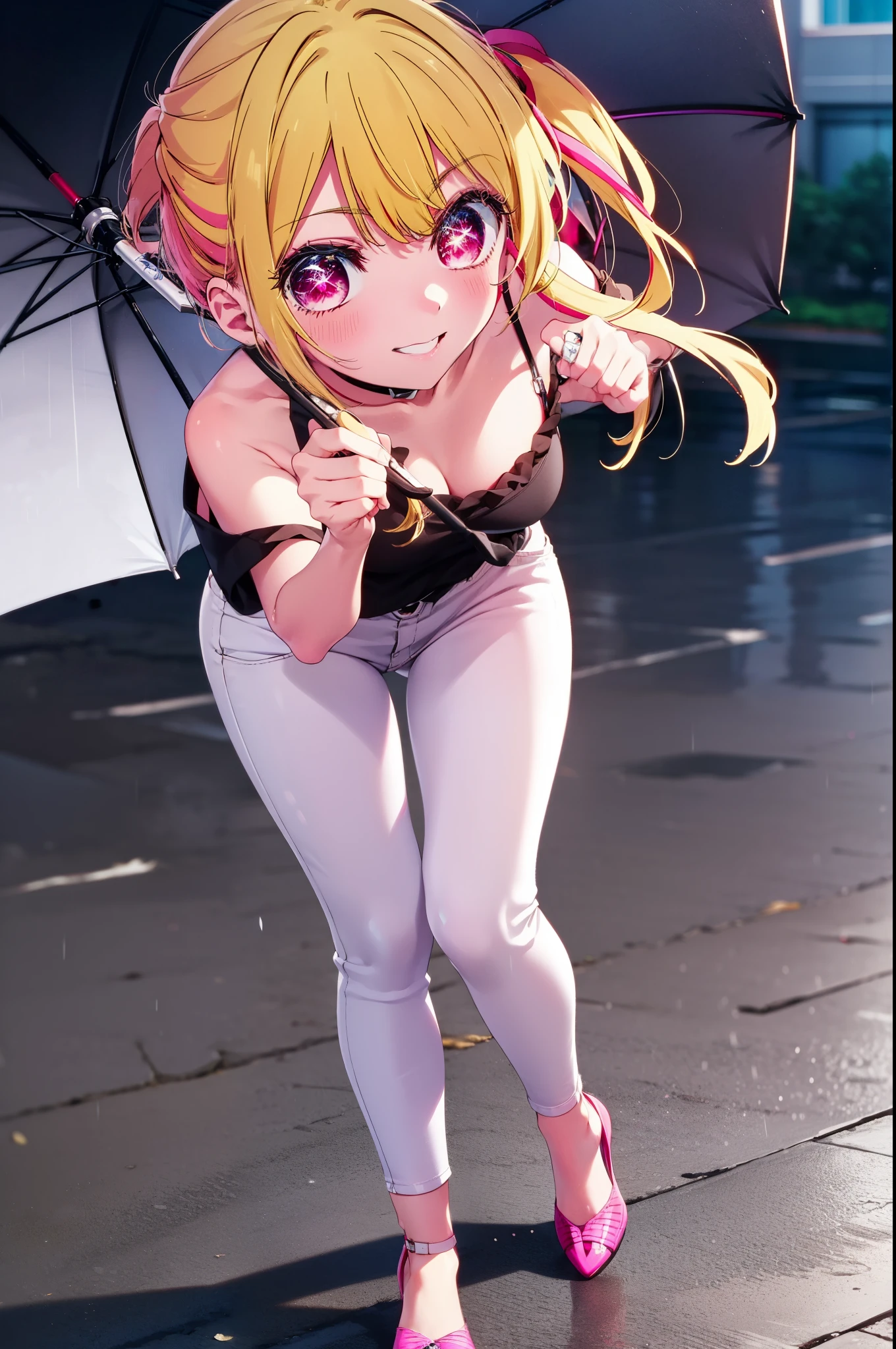 rubyhoshino, Hoshino Ruby, Long Hair, bangs, Blonde Hair, (Pink Eyes:1.3), Side Lock, (Symbol-shaped pupil:1.5), Multicolored Hair, Two-tone hair, smile,Cordo shoulder top,Short sleeve,Skinny jeans,Stiletto heels,rain,black umbrella,Cloudy,whole bodyがイラストに入るように,Walking,
break outdoors, ビル街
break looking at viewer, whole body,
break (masterpiece:1.2), highest quality, High resolution, unity 8k wallpaper, (figure:0.8), (Beautiful fine details:1.6), Highly detailed face, Perfect lighting, Highly detailed CG, (Perfect hands, Perfect Anatomy),