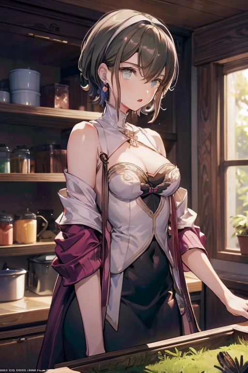 (small breasts:1.3), (perky chest:1.1), (pointed chest:1.0), (fashion magazine cover:1.3),(from below:1.0),(from side:0.9),masterpiece, 1girl, Amazing Cleavage:1.1, thin waist, big ass, Raised sexy, small breast: 1.3, posed cleavage:1.2、solo, looking at viewer, open mouth, have a cute grass of cute beergrass,black hair, dark green eyes, dress, bare shoulders, jewelry, collarbone, sidelocks, hairband, earrings, indoors, off shoulder, :o, sweater, arms behind back, plant, short hair with long locks, gild hairband, off-shoulder dress, sweater dress, off-shoulder sweater, red sweater, dark gord hair, big side hair, very long side hair,is rendered in (masterpiece: 1.2, best quality), with (ultra high resolution) and an exquisite (depth of field). This masterpiece is not only visually stunning but also tells,A scene of cooking in the kitchen by classroom