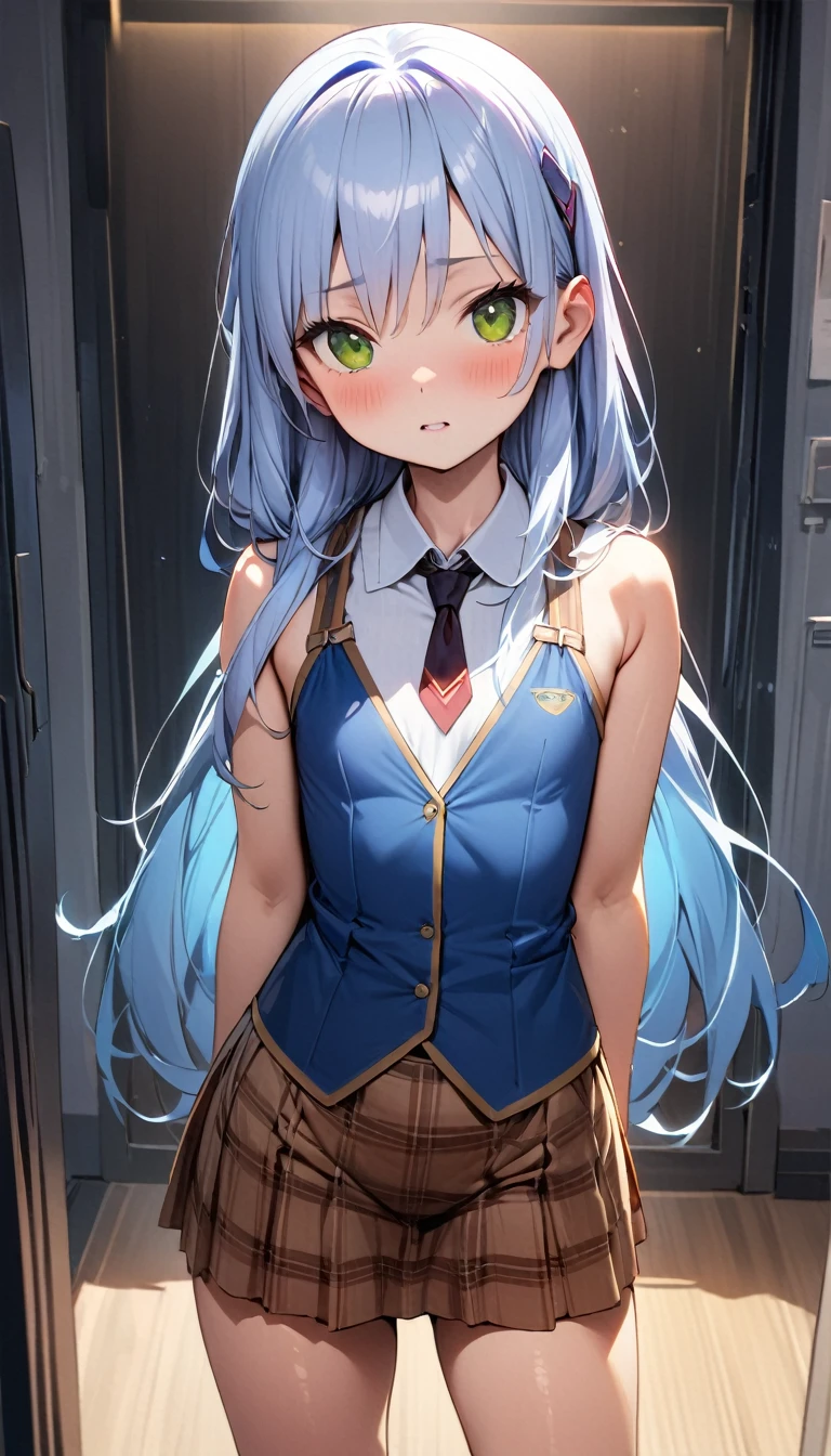 ((masterpiece, best quality)), high resolution,ultra detailed, detailed background, perfect lighting,8k,16k,detailed beautiful eyes,(1girl,solo),look at viewer,steam,sweat,in heat,embarrassed,blush ,skirt lift,cowboy shot,(pov:1.4),(show off pussy),(from front),standing,tear,slender,fair skin,small breast,hair ornament, green hair, twintails, long hair,classroom.school sailor