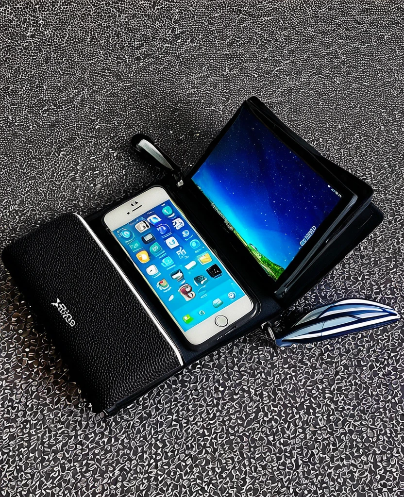 Billetera con espejo, cargador portatil y chip GPS.
