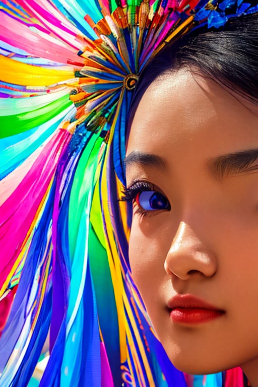 Chinese women, Face close-up, A female figure soaring high into the air, made of ribbons, cigarette, In the sky, Colorful and bright, Mysterious colors, modern impressionism, Portrait of Chen Yanjun, Iris Painting, 3/4 Perspective View, Cute Face, Low - Angle, Wide, swirling composition, Big beautiful crystal eyes, Big Iris, 超High resolution, High resolution, 8k, (masterpiece: 1. 5), (The most beautiful portraits in the world: 1.5)