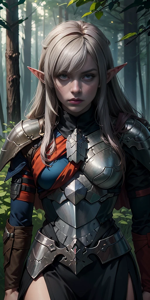 masterpiece, best quality, CG, wallpaper, HDR, high quality, high-definition, extremely detailed, drow, colored skin, dark elf, blue skin, grey skin, pointy ears, cape, armor, looking at viewer, 1girl, forest, dark forest, mythical forest, dimmed light, brown eyes, long hair, chibi