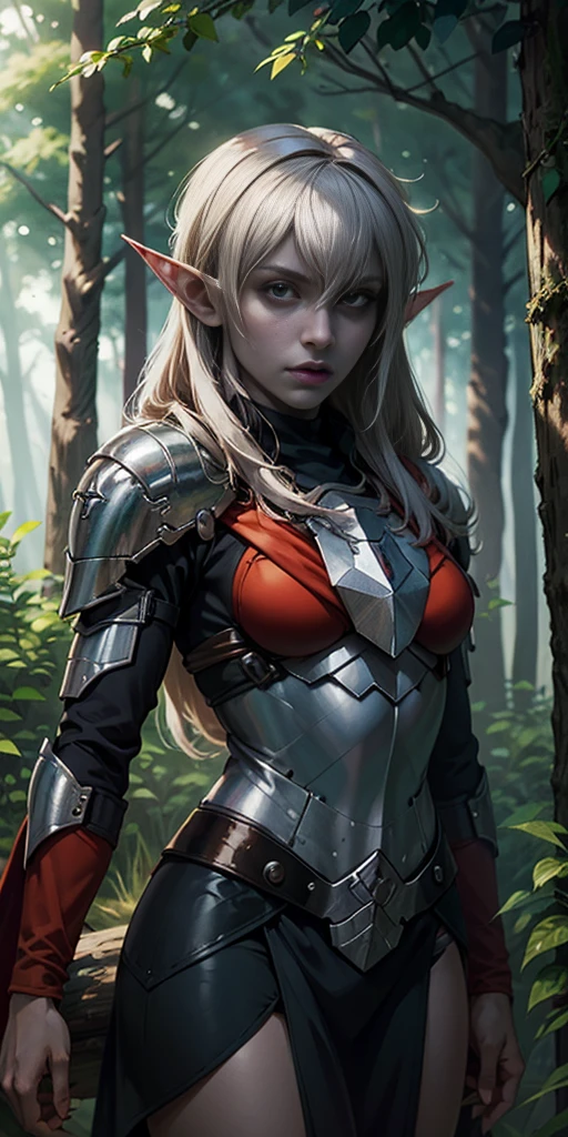 masterpiece, best quality, CG, wallpaper, HDR, high quality, high-definition, extremely detailed, drow, colored skin, dark elf, blue skin, grey skin, pointy ears, cape, armor, looking at viewer, 1girl, forest, dark forest, mythical forest, dimmed light, brown eyes, long hair, chibi