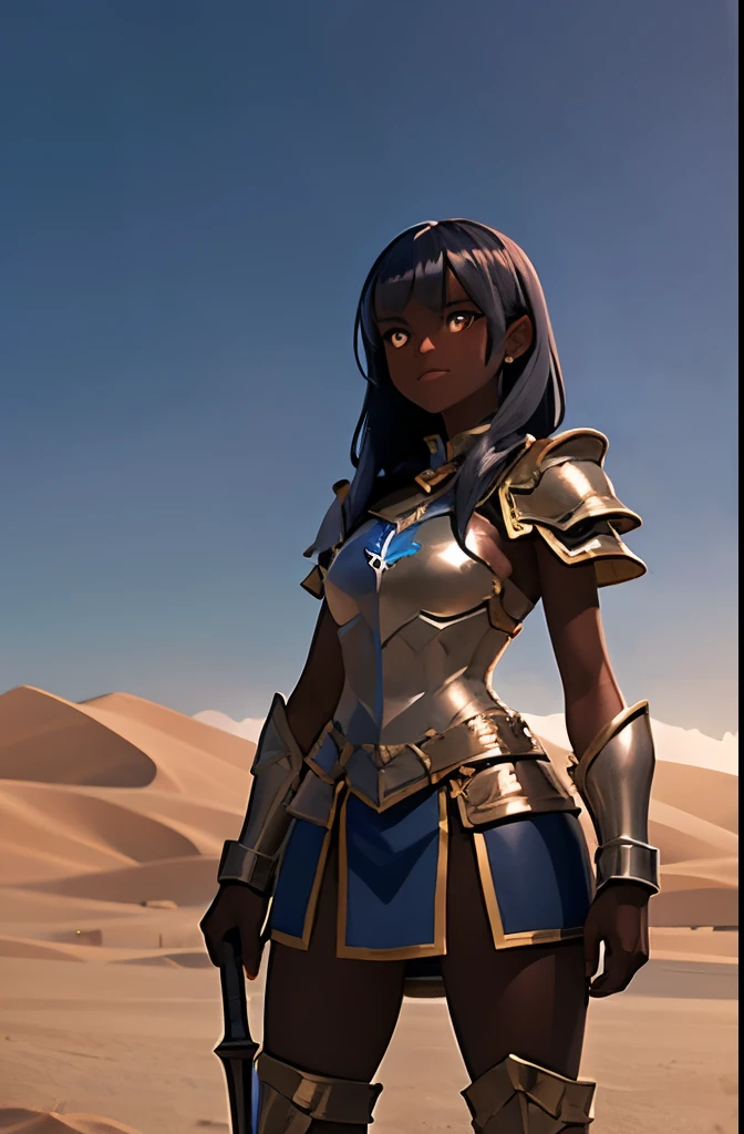 silky hair, female soldier, armor, metal skirt, spear weapon, lustrous dark skin, desert scenario