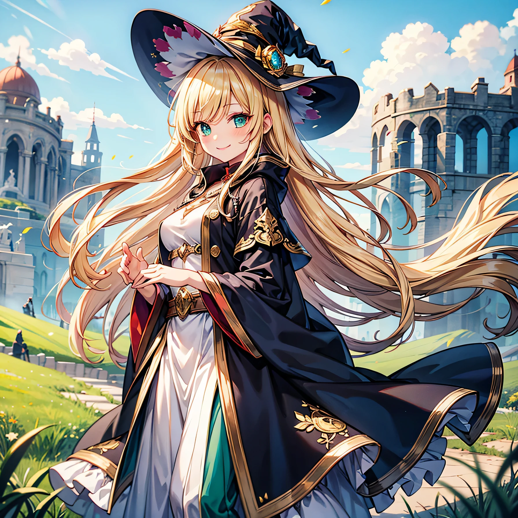 Anime art style,highest quality,High resolution,Anatomically correct,One Woman,Mid twenties,Blonde,Beautiful ironed hair,Super long hair,Super detailed,Fantasy World,witch,White hat with gold trim,White cloak with gold trim,Emerald long skirt,Medium sized breasts,prairie,A strong wind is blowing,smile,Eyes drawn in detail,8K