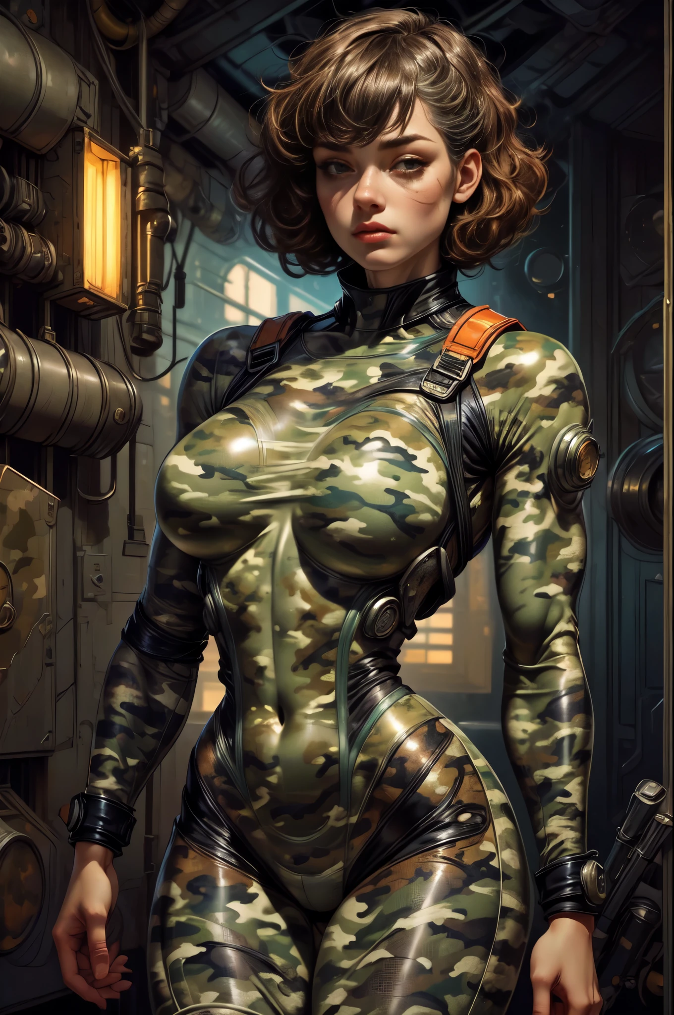 Beautiful female cyborg soldier in combat uniform、Short white hair、Muscular、Bodybuilding、Six Pack Abs、(Tight camouflage bodysuit:1.4)、Helmet、(Equipment)、Facial blemishes、Relaxed facial expression、sf、Cinema Lighting、Dramatic Shadows、Very detailed、Surreal、8k、masterpiece、Intricate details、Bright colors、Buckshot