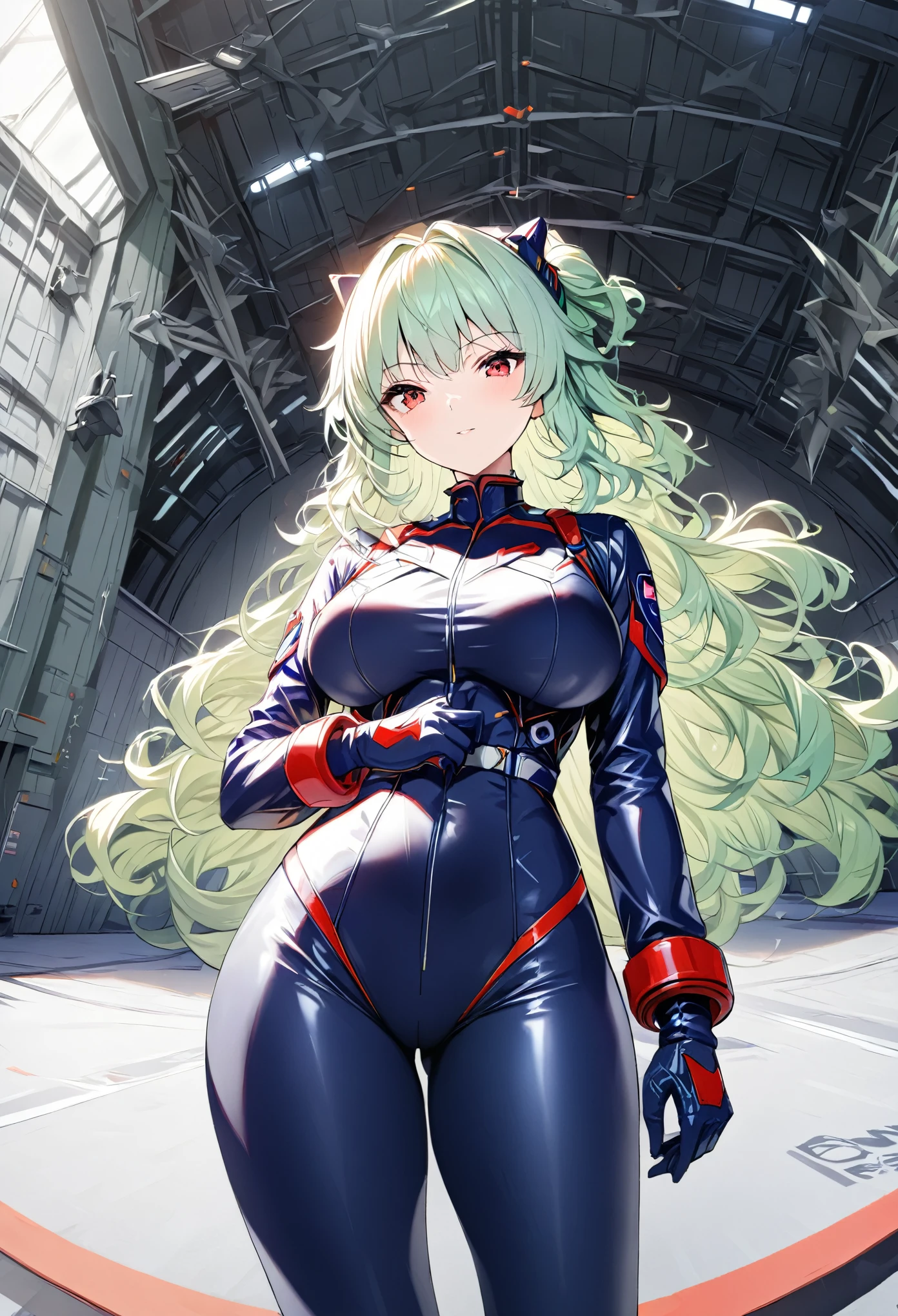 (((master piece Highest quality Unity 16k))),(((tight pilot suit))),1 woman,(Veteran female pilot),dignified expression,wavy hair,light green hair,red eye,(((fighter hangar))),cowboy shot,