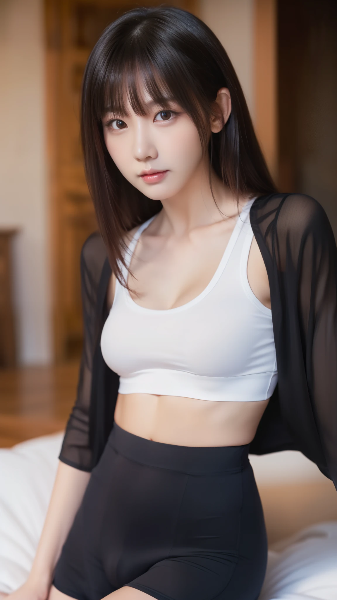 ((Realistic Face, Fascinating, Mature, White eyes)), (Grey crop top, Black underwear, Short clothes), (Long black hair), (20 years), (1 girl), (4K Style))