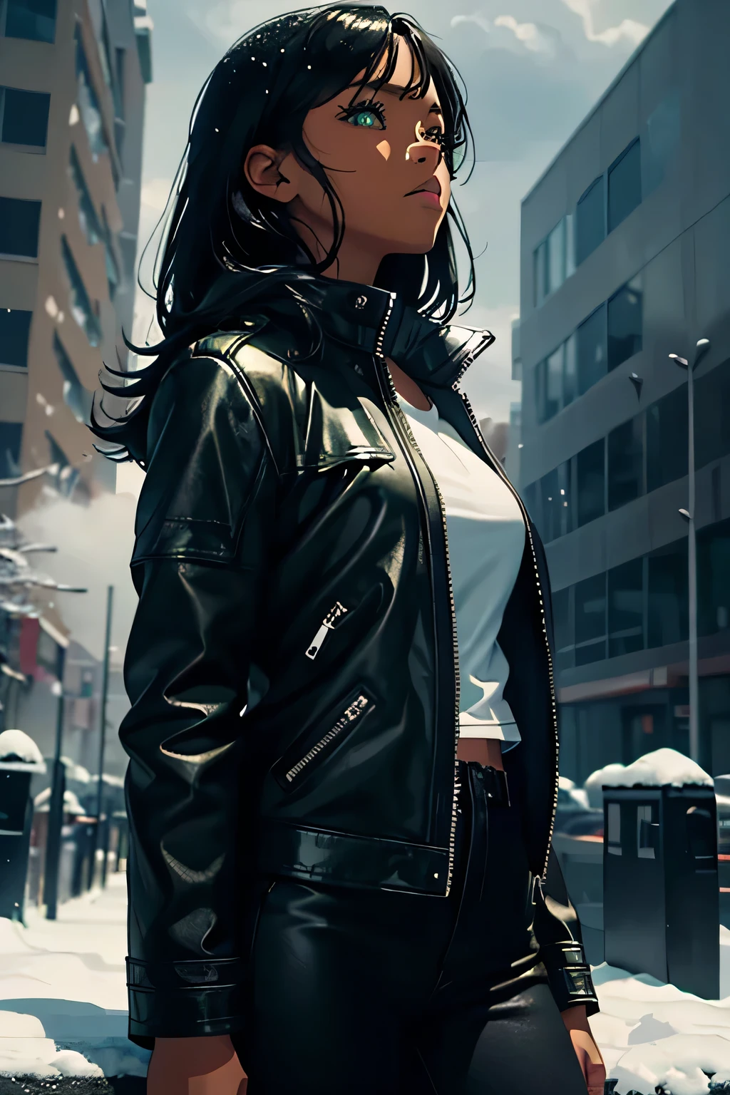 1girl solo, dark skin tone, black hair, green eyes, (detailed) black leather jacket
Background: snowy, she’s looking to the sky, cloudy skies,