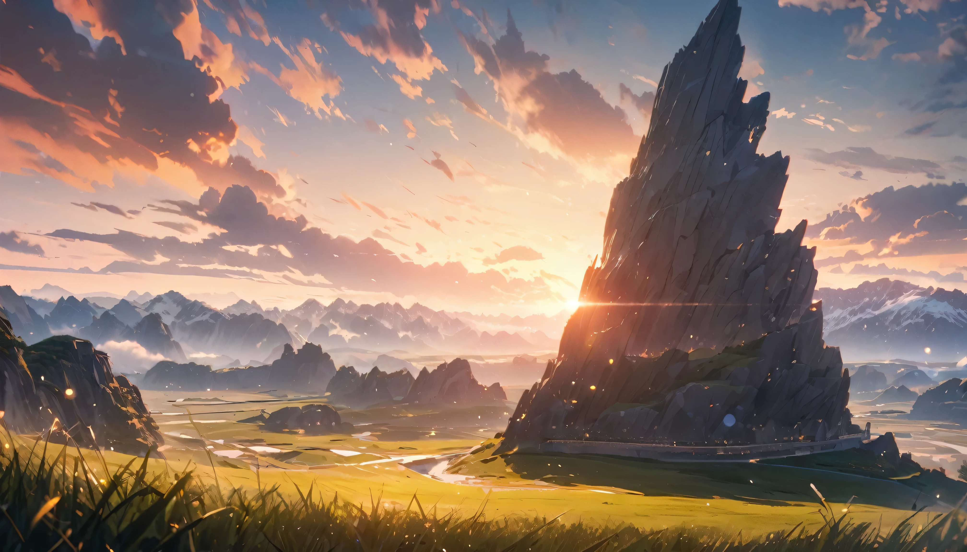 an open field with grass, with a wide view of the sky with well-detailed clouds, mountains in the background,UHD, masterpiece, accurate, anatomically correct, textured skin, super detail, high quality, best quality, 8k, high resolution, bokeh effect.