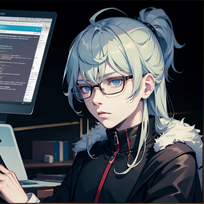 programmer，Computer，decadent，His face turned pale，agony，male people，With black-framed glasses，solo person，the night