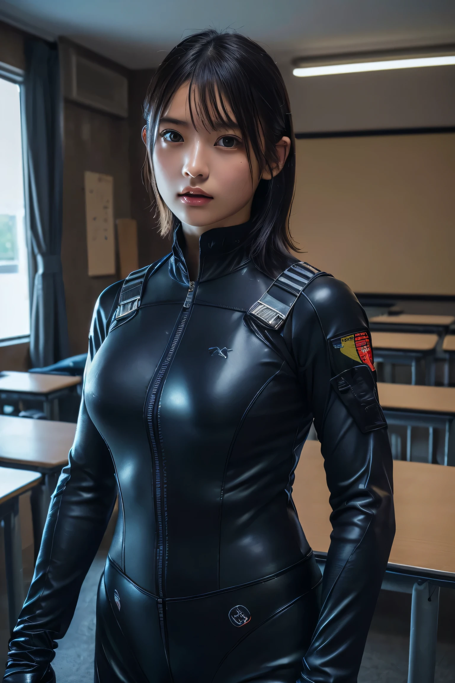 (highest quality:1.4),(masterpiece:1.4),(Realistic:1.4),(Realistic:1.2),(超High resolution, RAW Photos:1.4),(High resolution, Ultra-detailed:1.2),(8k:1.2),Cinematic photography,a photo of a dark-haired,One girl,alone,((Tight Combat Suit:1.3)),((Japanese Classroom))、((Upper Body:1.3))
