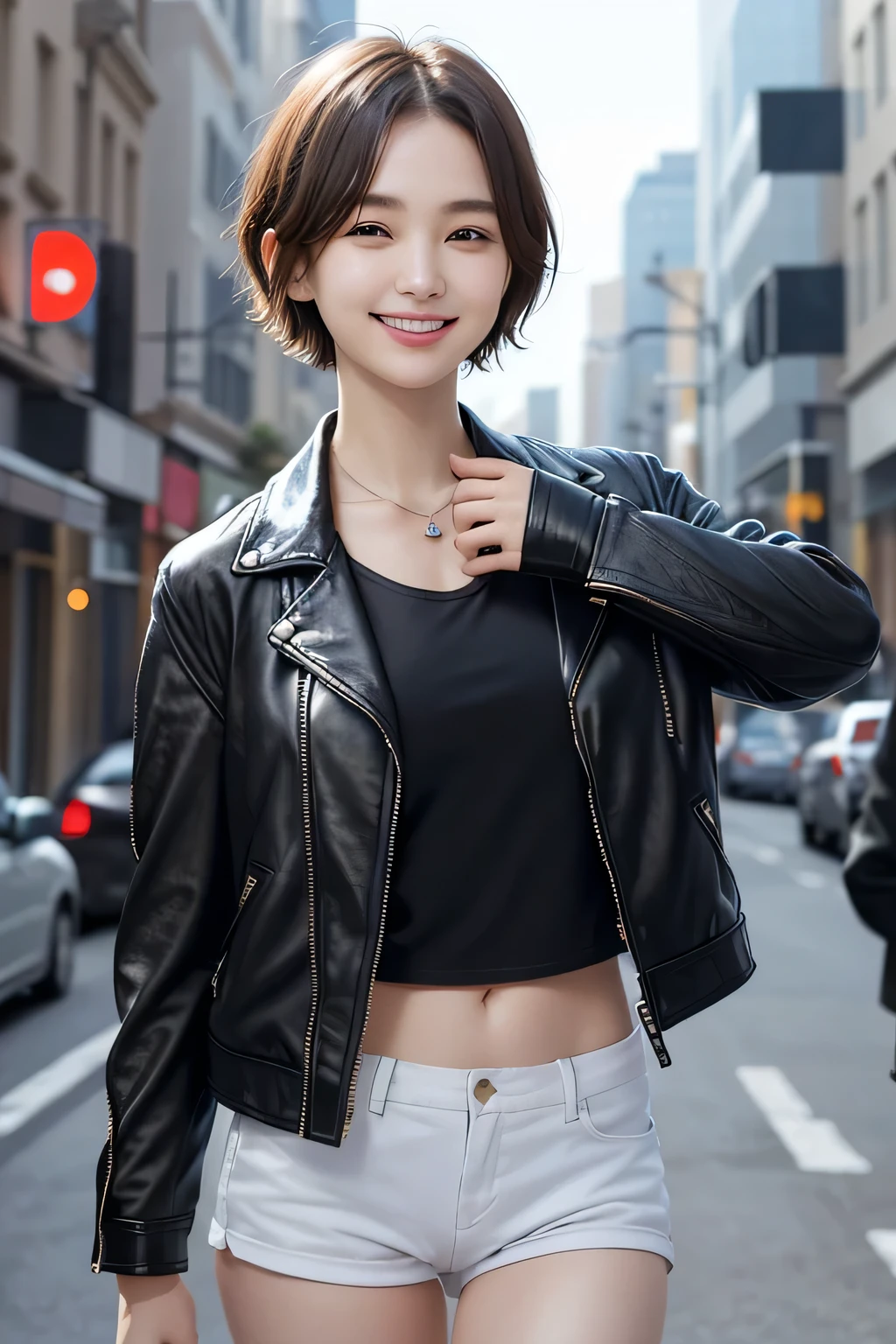 205 ((short hair)), 20-year-old female, In underwear、Leather jacket with sleeves unworn、Wear a jacket over your shoulders、smile、Beautiful teeth alignment、、Black Hair、ear piercing、Necklace around the neck、Looking into the camera, The background is the city