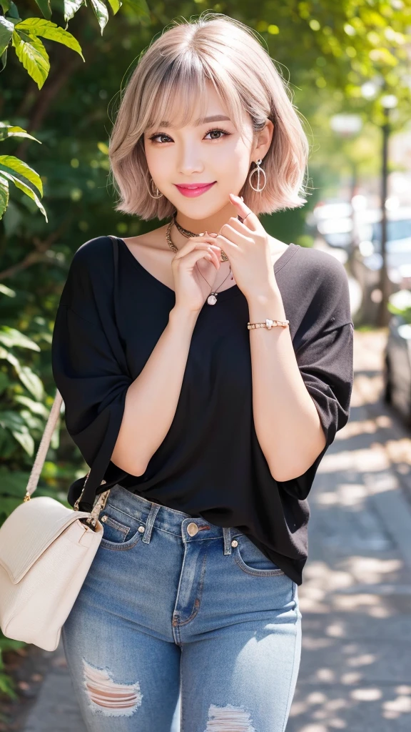 (8k, Photorealistic, Raw photo, Highest quality: 1.4),Japanese idol style１Beautiful girl of the person,18-year-old,Short Bob,Silver Hair,Hang your hair over your ears,Wearing small earrings in the ears,Big, clear grey eyes,Long eyelashes,Tear bags,There is a blackhead under the left eye,Plump Cheeks,Wearing pink lipstick,Apply gloss over your lipstick for glossy, plump lips,A short pendant is hanging around her neck.,Both hands have pink nail polish on their nails,Both toenails have black nail polish,Smiling,She is wearing a white summer knit with flared sleeves.,Wearing skin-tight jeans,Wearing red high heels,She is surrounded by the gentle sunlight filtering through the trees.,Full body portrait