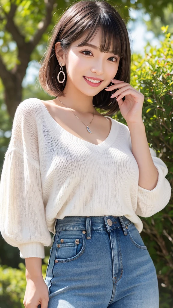 (8k, Photorealistic, Raw photo, Highest quality: 1.4),Japanese idol style1Beautiful girl of the person,18-year-old,Short Bob,Silver Hair,Hang your hair over your ears,Wearing small earrings in the ears,Big, clear grey eyes,Long eyelashes,Tear bags,There is a blackhead under the left eye,Plump Cheeks,Wearing pink lipstick,Apply gloss over your lipstick for glossy, plump lips,A short pendant is hanging around her neck.,Both hands have pink nail polish on their nails,Both toenails have black nail polish,Smiling,She is wearing a white summer knit with flared sleeves.,Wearing skin-tight jeans,Wearing red high heels,She is surrounded by the gentle sunlight filtering through the trees.,Full body portrait