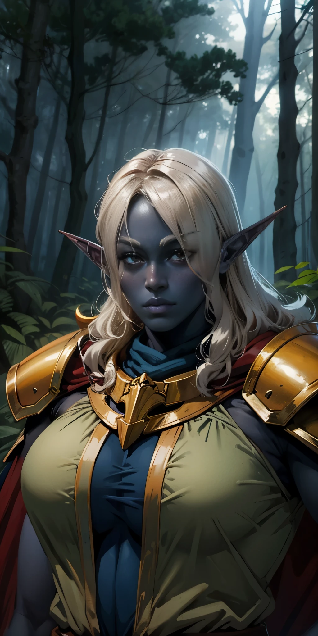 masterpiece, best quality, CG, wallpaper, HDR, high quality, high-definition, extremely detailed, drow, colored skin, dark elf, blue skin, grey skin, pointy ears, cape, armor, looking at viewer, 1girl, forest, dark forest, mythical forest, dimmed light, brown eyes, long hair, chibi