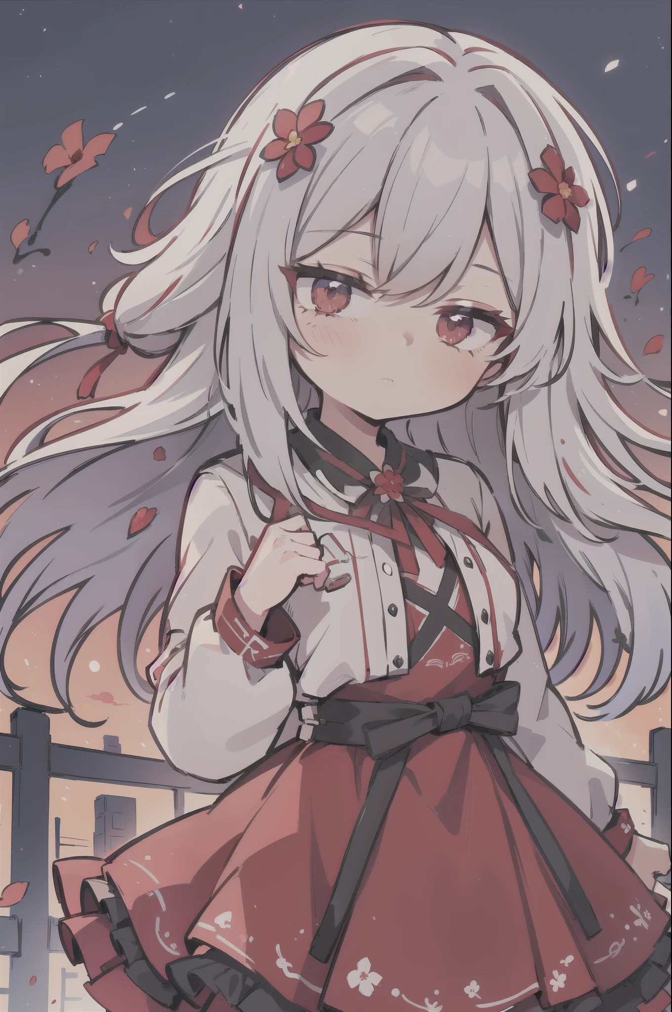 (One woman:1.1), Girl (gun, gunatyou:1.2), (Target your audience,handgun,Possession of a pistol:1.2), Curl the inside of your hair, Silver Hair, Floating Hair, ((Red flower, Red dress:1.3)),Red eyes (Beautiful, detailed eyes), (Symmetrical eyes), (Big highlights for the eyes:1.1), Flat Chest (From the side), buildingの屋上, blue sky, cloud, night, Beautiful sky, building, far, moonlight, (masterpiece:1), (figure), (highest quality:1), (Best aesthetics), (Beautiful art:1), (Super detailed:1), (8k), (High resolution), (Sharp focus), (complicated)
