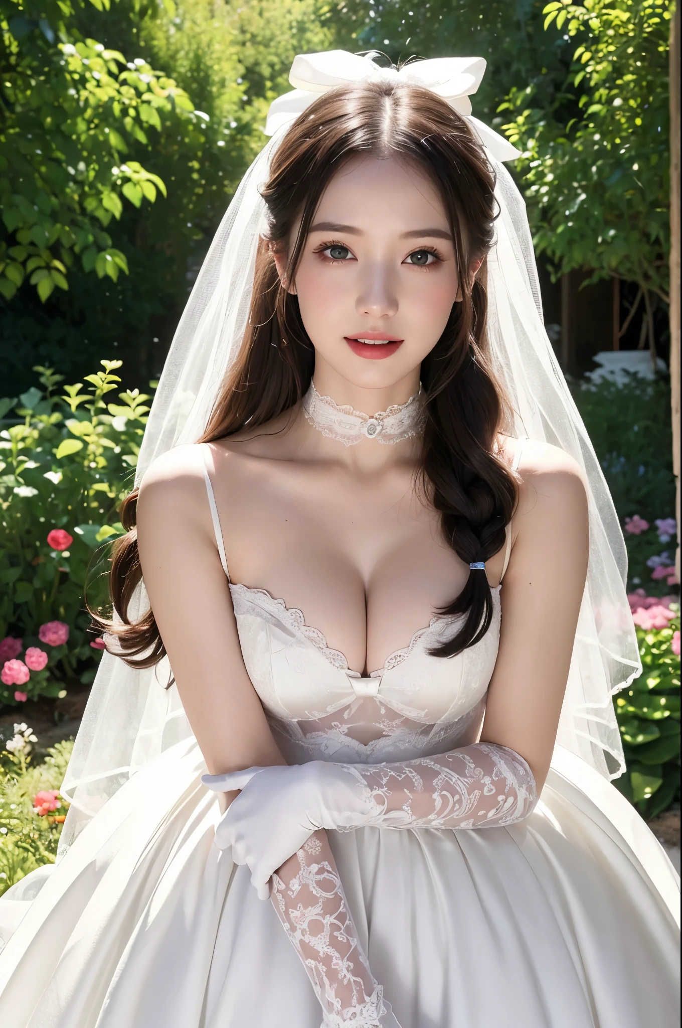 (masterpiece:1.2),1girl,photorealistic,pale_skin,realistic skin,medium breast,cleavage,long hair,straight_hair,black hair,drooling,giggling,
white gloves,choker,ribbon,bow,hair bow,(wedding dress),hair ribbon,garden,vibrant colors,