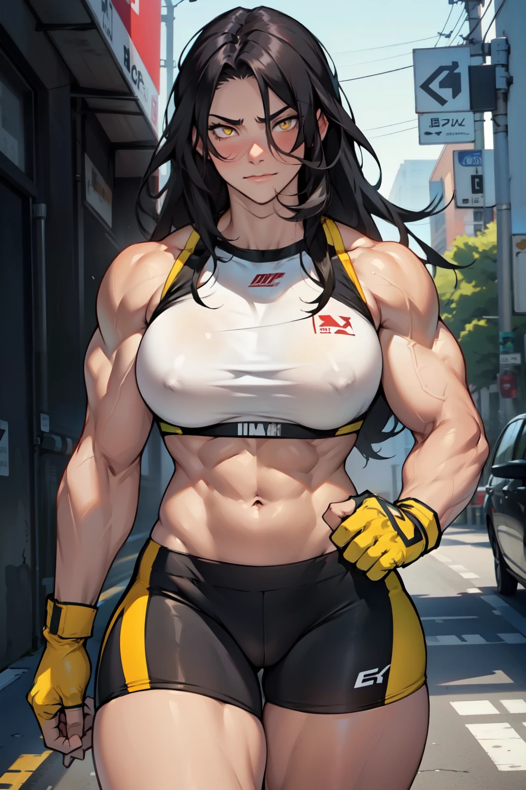 ((1girl)) pale skin large breasts (muscular) toned body thick thighs black hair yellow eyes (long hair) bodybuilder blushing (seductive expression) best quality perfect anatomy compression bra bike shorts massive breasts