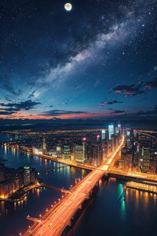 highest quality、Landscape painting、City Neon、Starry Sky、moon