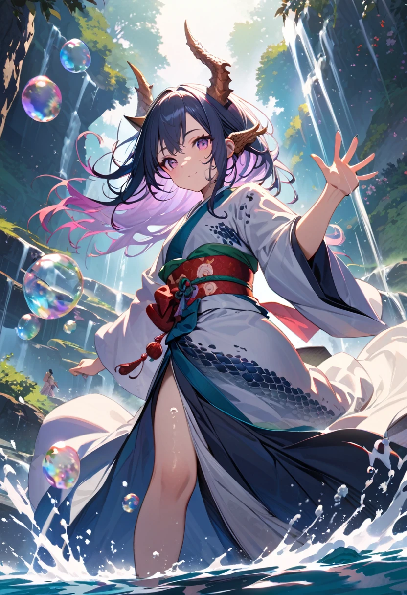 (masterpiece, best quality:1.1),
(ultra highres, ultra-detailed:1.2) ,Japanese Mythology,cute,detailed face,blue,She has dragon scales on her skin,Dragon Horn,japanese clothes,dancing in waterfall,enjoy,Heavy water splash,dynamic angle,Pale aura,magnificent,(Soap bubble:1.4) ,whole body,