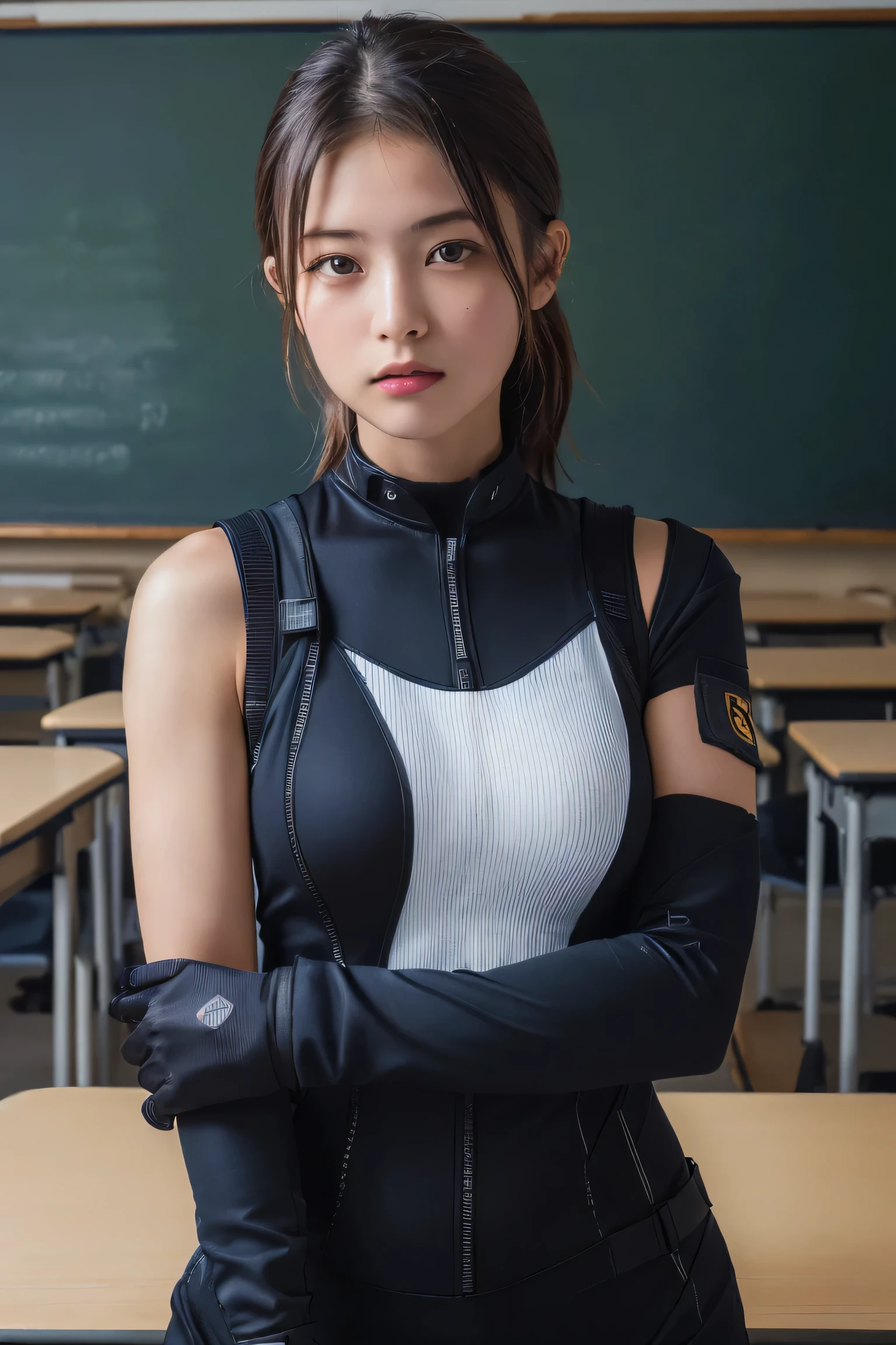 (highest quality:1.4),(masterpiece:1.4),(Realistic:1.4),(Realistic:1.2),(超High resolution, RAW Photos:1.4),(High resolution, Ultra-detailed:1.2),(8k:1.2),Cinematic photography,a photo of a dark-haired,One girl,alone,((Tight Combat Suit:1.3)),((Japanese Classroom))、((Upper Body:1.3))