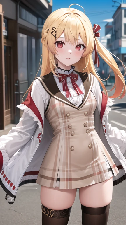 masterpiece, best quality, highres, Otonose Kanade, long hair, one side up, hair ribbon, hair ornament, ahoge, red eyes, neck ribbon, red ribbon, brown dress, white jacket, open clothes, long sleeves, thigh strap, black thighhighs, standing, cowboy shot, street,