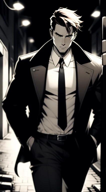  Mid 20s male detective, brown hair, detailed, toned body, simple, Noir et blanc, monochrome, plain looking, white shirt and tie, dark suit, trench coat, gritty, unshaven, walking down a street 