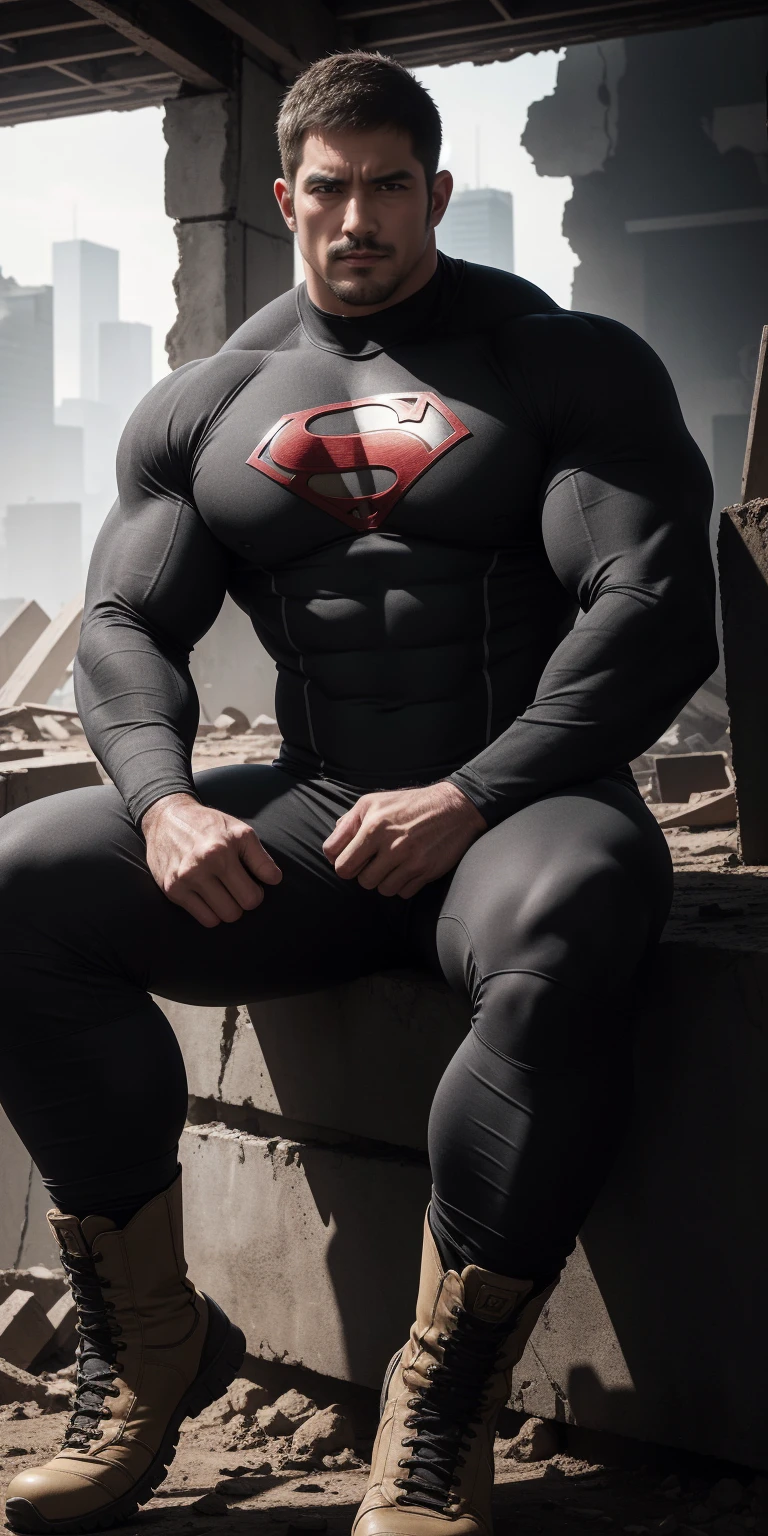 Angry super muscular man, short hair,Sitting on a comfortable and soft sofa in the ruins, Wear the long-sleeved superhero bodysuit in earthy grey, Body wrapped in mud,The clothes are dirty,There are mud stains,The expression is arrogant, Thick thighs, messy hair, Thick thighs, Off-White Turtleneck Long Sleeve Superhero Bodysuit, very tight, Regular symmetrical pattern, Highlight muscles, Police uniform pants, Big foot combat boots,character concept(Resident Evil - chris redfield, chris redfield)A proud expression, Deep and charming eyes, Valiant male pose, tall Burly, muscular!muscular thighs, Tough Guy, Perfect facial features, High, Burly, Heqiang, Super exquisite and cool, High Resolution Committee, Attractive, The sun is blazing, Dazzling
