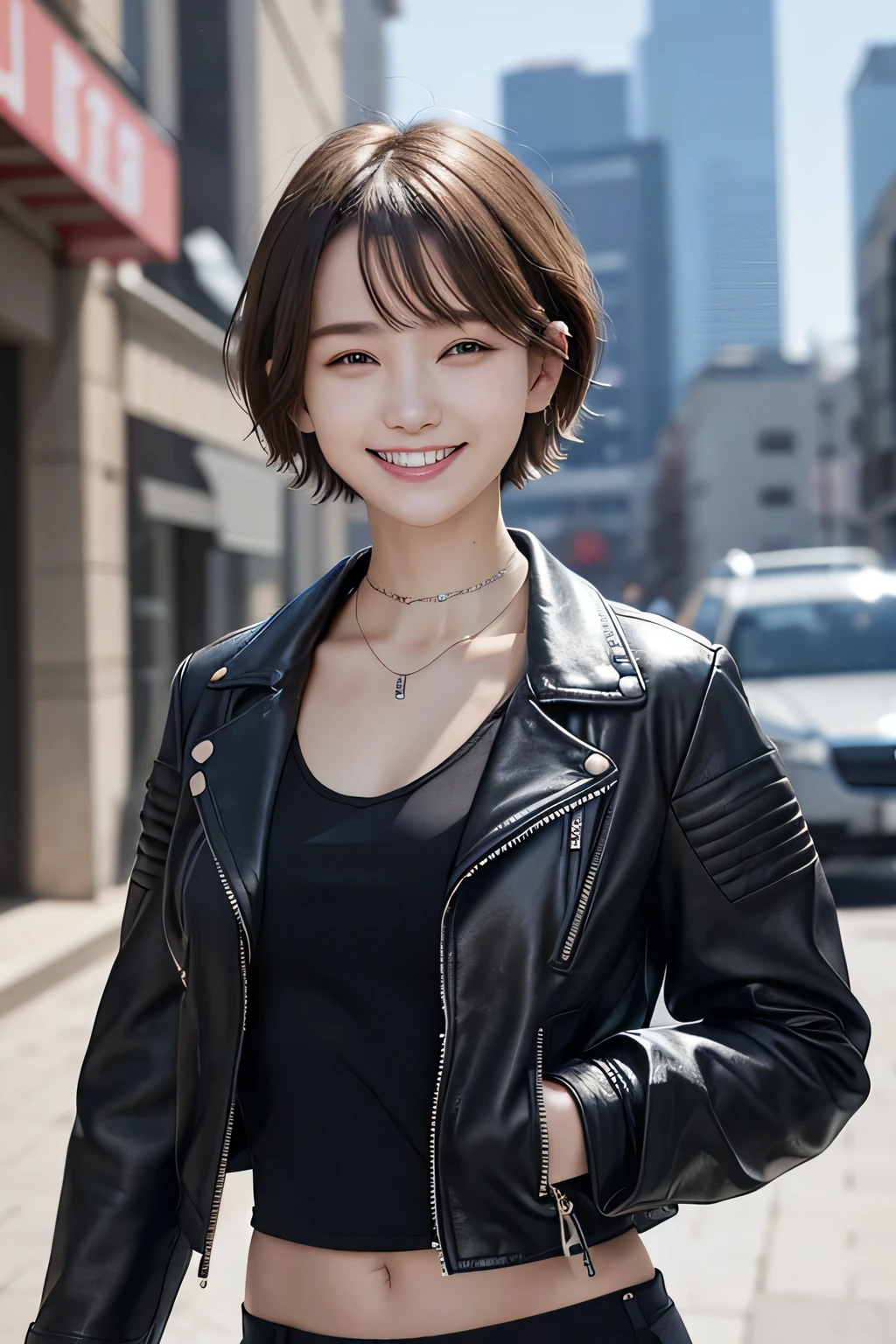 205 ((short hair)), 20-year-old female, In underwear、Leather jacket with sleeves unworn、Wear a jacket over your shoulders、smile、Beautiful teeth alignment、、Black Hair、ear piercing、Necklace around the neck、Looking into the camera, The background is the city