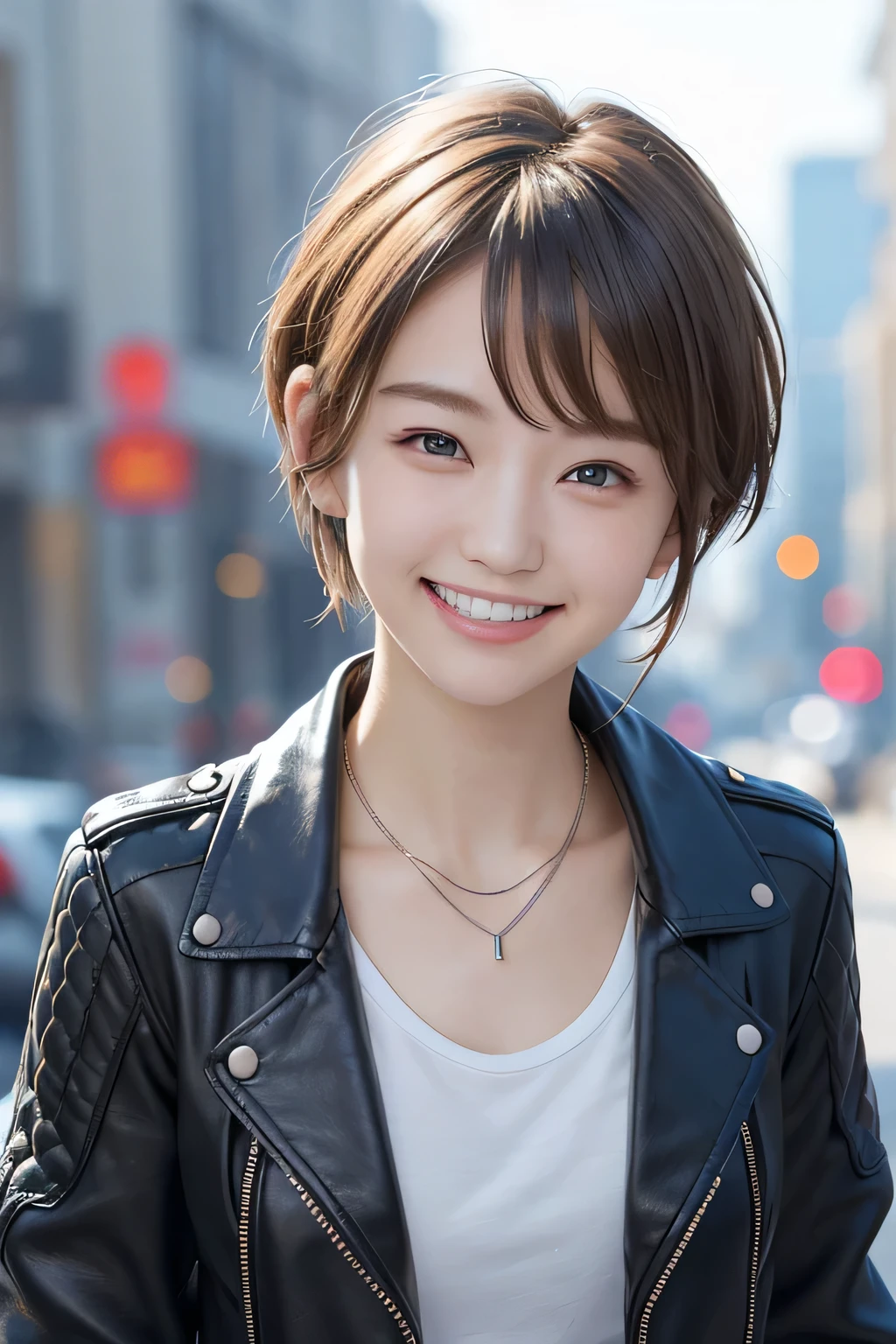 205 ((short hair)), 20-year-old female, In underwear、Leather jacket with sleeves unworn、Wear a jacket over your shoulders、smile、Beautiful teeth alignment、、Black Hair、ear piercing、Necklace around the neck、Looking into the camera, The background is the city