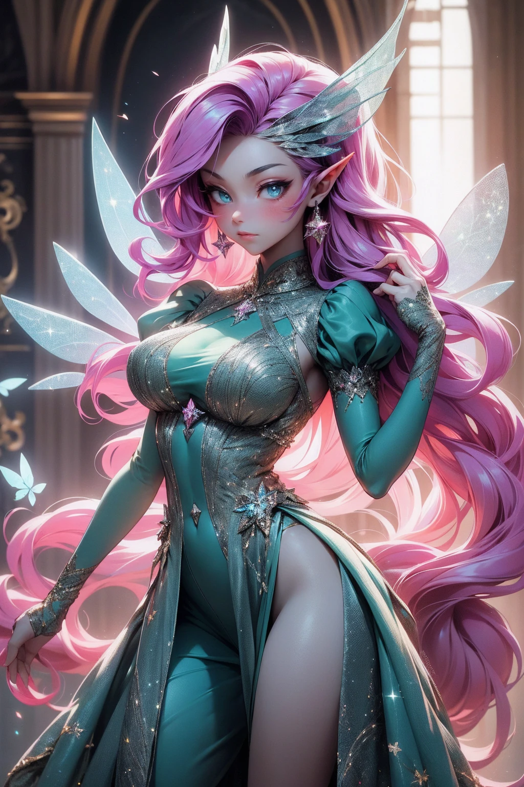 (Absurd, high quality, ultra -compared, careful with the hand) fairy, fairy wings, dreamer body, vivid, romantic and all. Optimistic face, just lies, without entry and intellectual. Green dress. Reckless style, sweet and passion, Gray eyes, cute (eyes of the eyes), enchanted fairy (pixie) . long hair, magenta hair. In the carnival row illustration, flying, dancing lithgly, Whole body,
