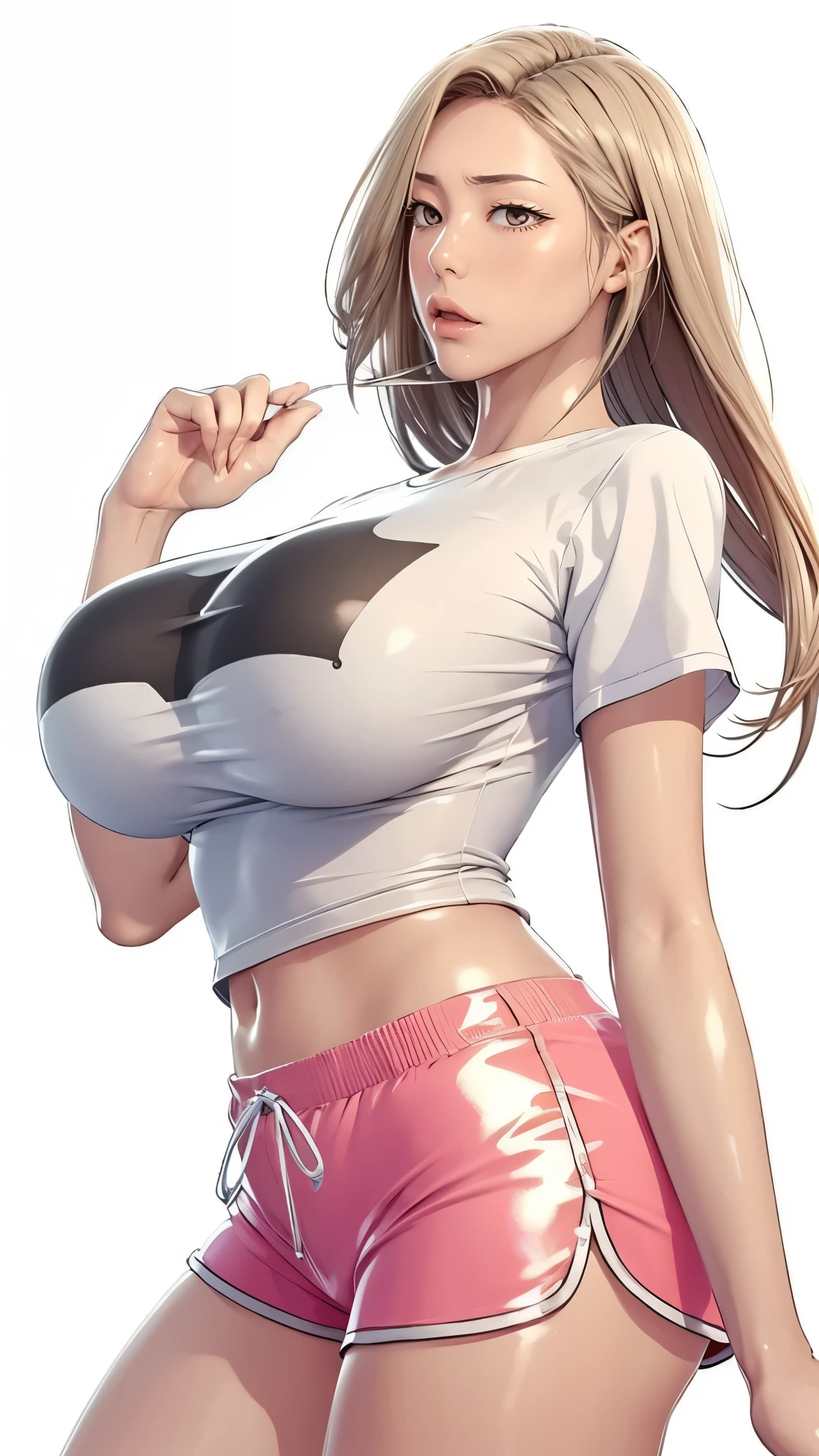 (((完美figure,figure,solo, White and tender skin,(((Cyberpunk,short sleeves, dolphin shorts, t-shirt, pink shorts, white shirt, , ))),(((MiaChadef, long hair, blonde hair, brown eyes,,))),((masterpiece)),high resolution, ((Best quality at best)),masterpiece,quality,Best quality,((( Exquisite facial features,Looking at the audience,There is light in the eyes,(((lol,Happy,))),))),(((Light and shadow,Huge breasts))),(((Looking at the camera,White background,))))