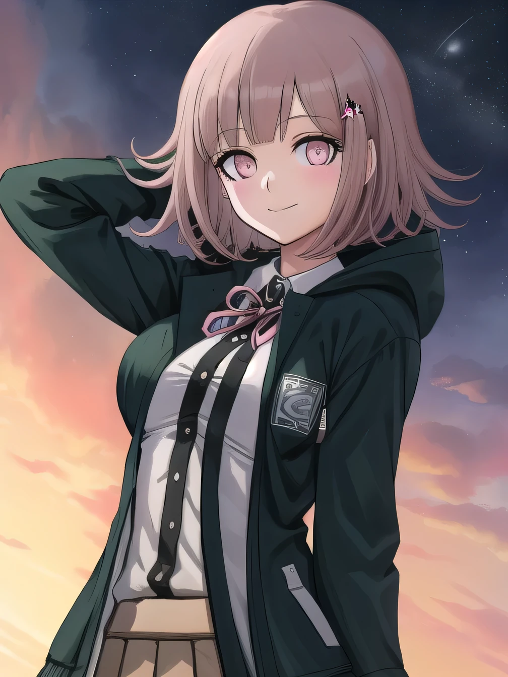 1girl, solo, hair ornament, shirt, jacket, ribbon, skirt, dress shirt, pink ribbon, open clothes, pleated skirt, white shirt, neck ribbon, collared shirt, hood, open jacket, looking at viewer, black jacket, long sleeves, shirt tucked in, brown skirt, hairclip, solo, night sky, forest, {{{arms behind head}}}, contrapposto, spread armpits, closed mouth, smile, upper body, two-tone shirt, hooded jacket, breasts, medium hair,