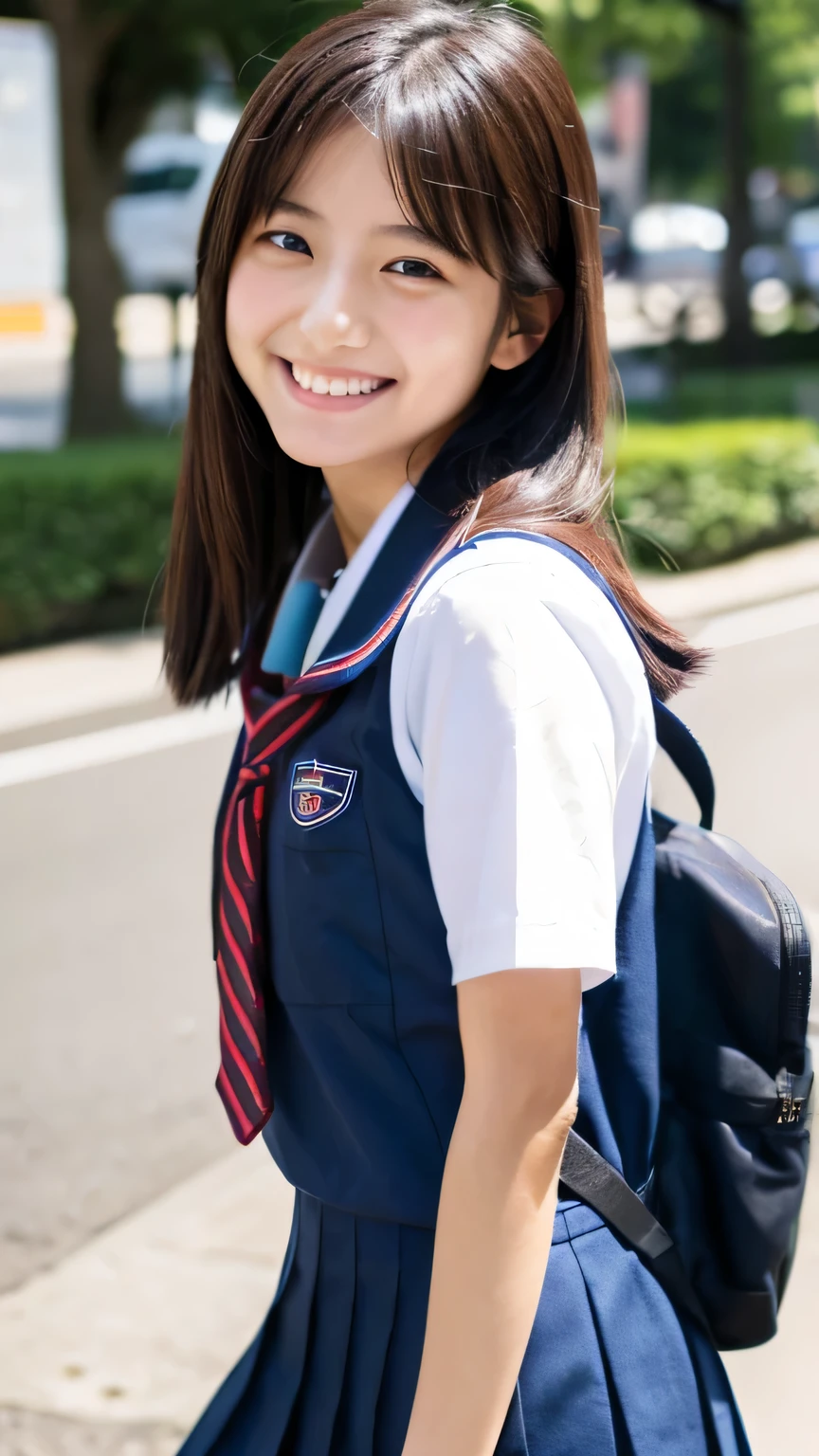 ((masterpiece)), japanese, (a girl), (18 years old), (((school uniform))), smiling, a park, dark blue knit vest, (crouch down), (view from front), 