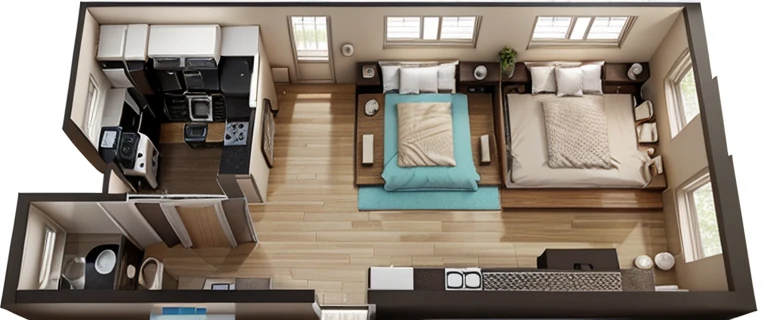 a rendering of a small apartment with a bedroom and a living room, floor plan view, 3 / 4 view, 3/4 view, 2 d overhead view, 3/4 view realistic, 2 d axonometric overhead view, ultra wide angle isometric view, 3 d perspective, petspective room layout, orthographic 3d rendering, complete house, isometric view