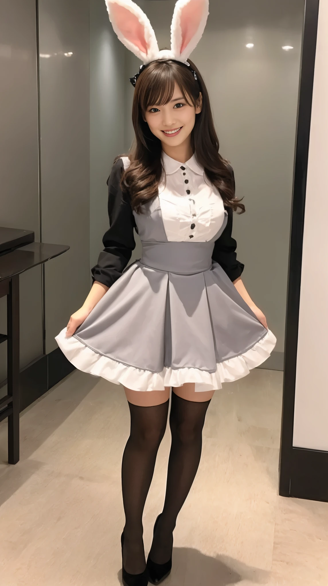 Bunny girl working at a maid cafe:1.5,The best smile:1.5,Full Body Shot:1.5,Gray background:1.5,Wearing black high heels:1.5,